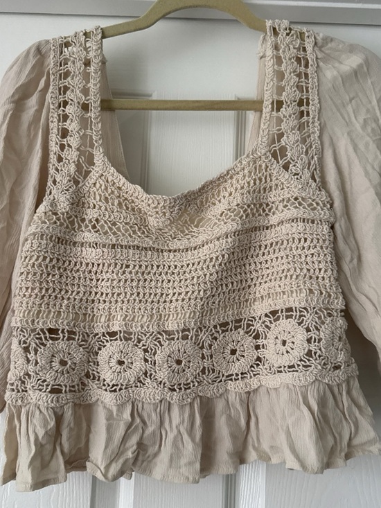 Hem & Thread Tops - Hem & Thread Beige Crochet Peplum Blouse